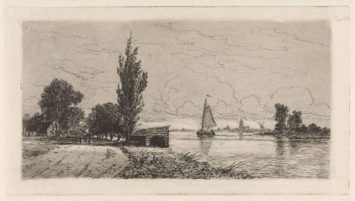 River landscape with a sailing ship