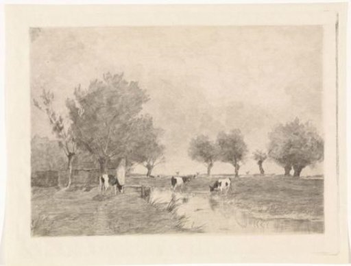 Landscape with three cows by a ditch