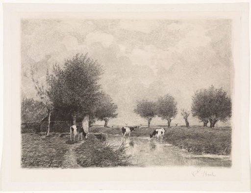 Landscape with three cows by a ditch