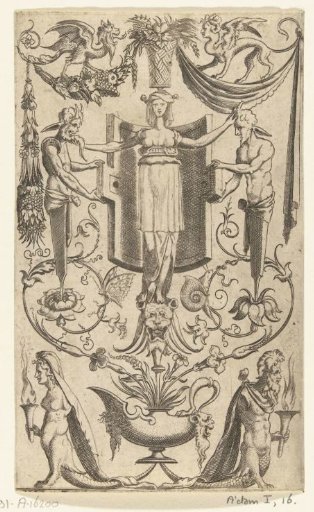 Grotesque flat decoration with a woman and two herms