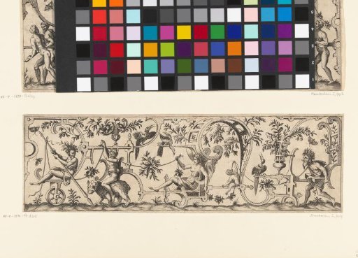 Chariot with a woman, pushed by a man and pulled by a man riding on the back of a bear