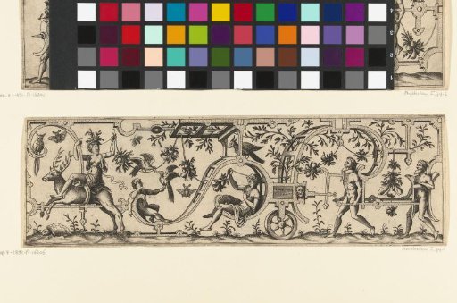 Two men walking one behind the other push a chariot on which a woman sits