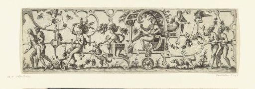 Scrollwork chariot with a woman, pulled by two men, a tortoise, and a dog
