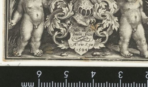 Coat of arms with helmet held by two putti