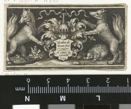 Coat of arms with helmet held by two foxes