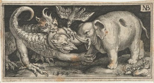 Elephant in combat with fantasy creatures