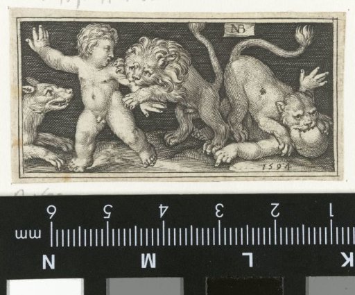 Lion and lioness tear apart putti