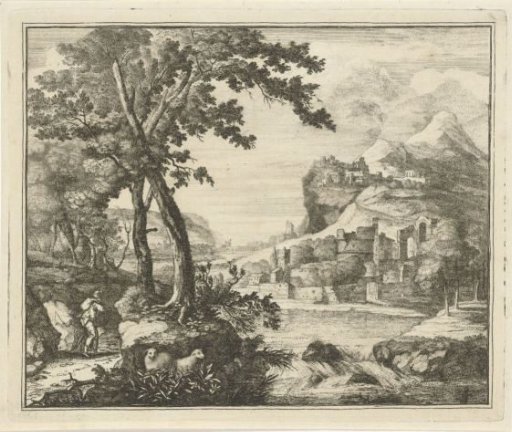 River landscape with a man and child walking