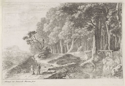 Walkers by a brook