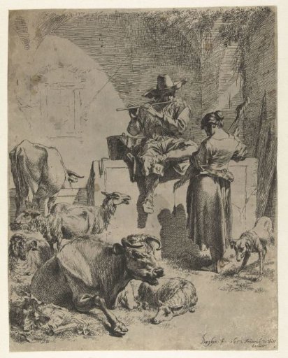 Shepherd playing the flute and a woman spinning