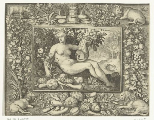 Element Earth as a naked woman with a horn of plenty