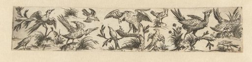 Frieze with eleven birds, with a large bird on a branch in the center
