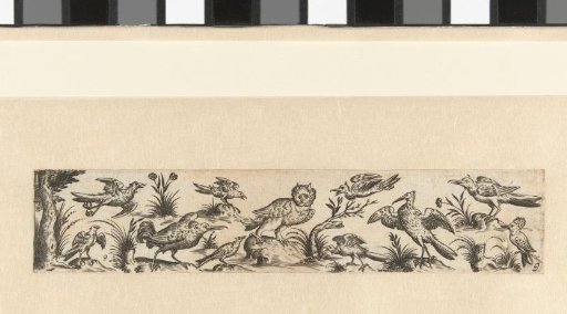 Frieze with eleven birds, with a tree at the left end