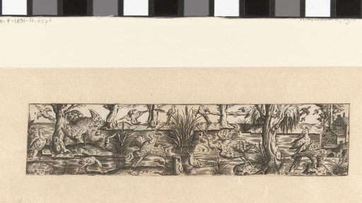 Frieze with thirteen birds by a body of water surrounded by trees