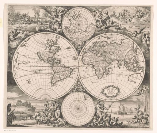 World map with an allegory of the four elements