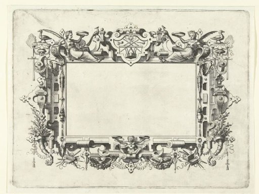 Empty cartouche with a border of scroll and strapwork with writing attributes