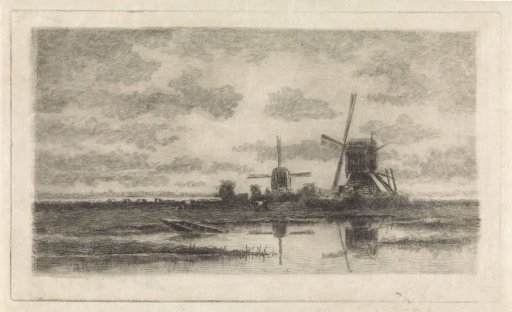 Landscape with two windmills by a pond