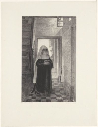 Nun reading by a staircase