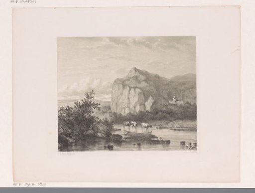 Mountainous landscape with three cows in the water