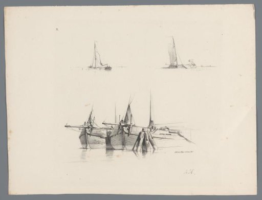 Two sailing boats under way and two sailing boats in a harbour