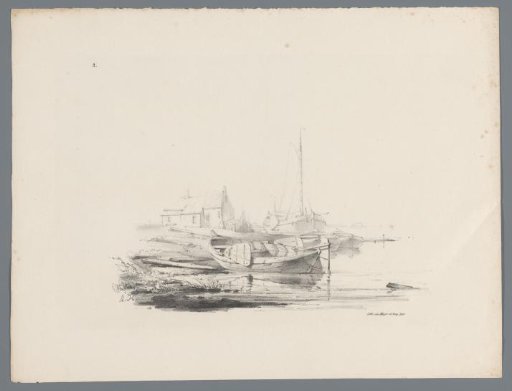 Sailing boat and rowing boats at the water's edge