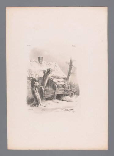 Snow-covered farm shed