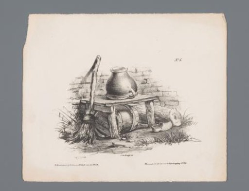 Wooden bench with broom, barrel, jug and clogs