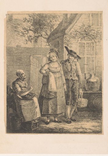 Old woman speaking to a young couple