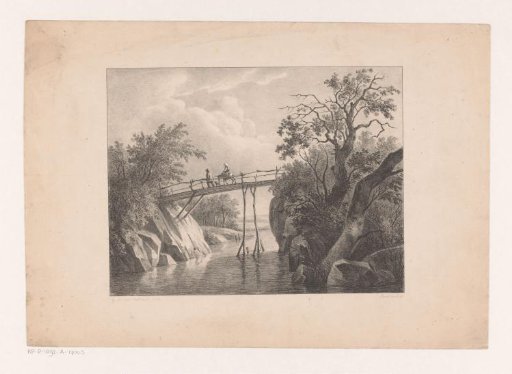 Landscape in the Ardennes with figures and a donkey on a wooden bridge