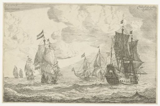 Six sailing ships on the open sea
