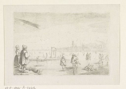 Ice skating on a river near a town