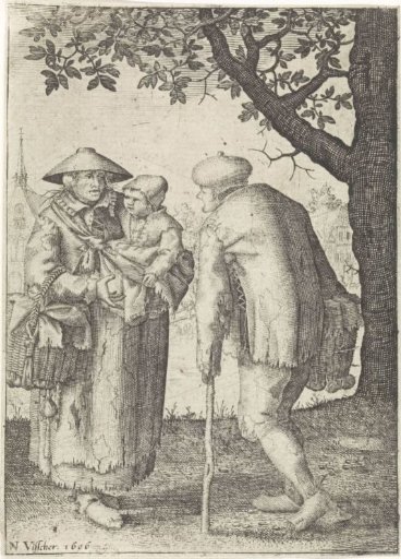 Man with Walking Stick in Conversation with a Woman with Child