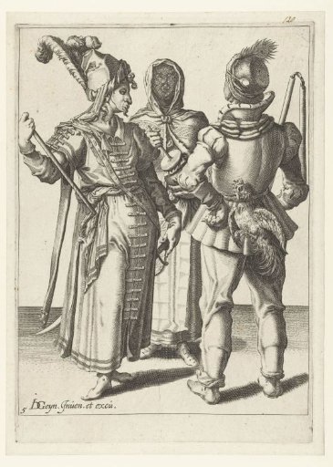 A veiled woman and two masked men, one with a rooster at his belt