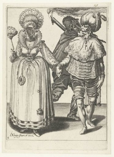 A masked couple and a torchbearer
