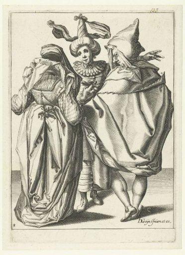A festively dressed woman, a man in a cape, and a masked young man extending his left arm