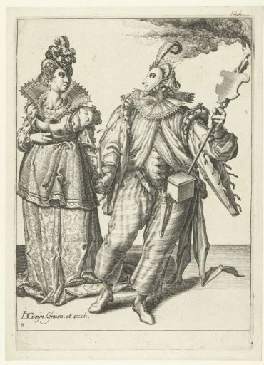 A masked woman being led by the hand by a masked man with a torch