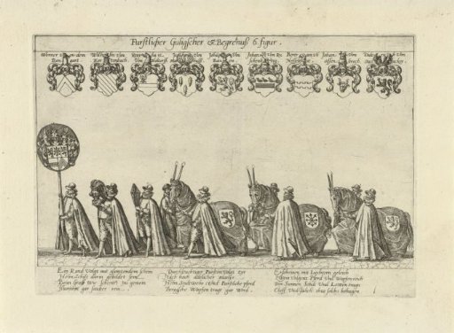 Funeral procession with mourning horses and bearers of helmet and shield