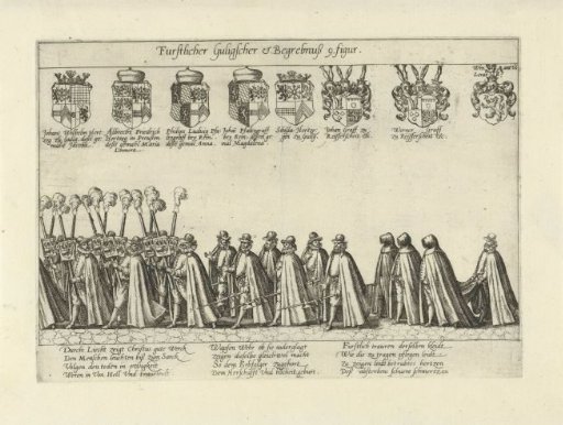 Funeral procession with torchbearers and halberdiers