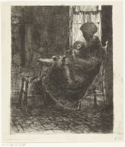 Woman with sleeping child on her lap sitting by a window in an interior