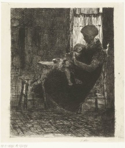 Woman with sleeping child on her lap sitting by a window in an interior