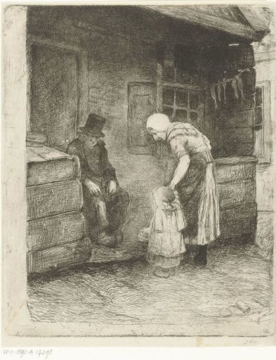 Woman with small child standing beside seated old man in front of workers' dwelling