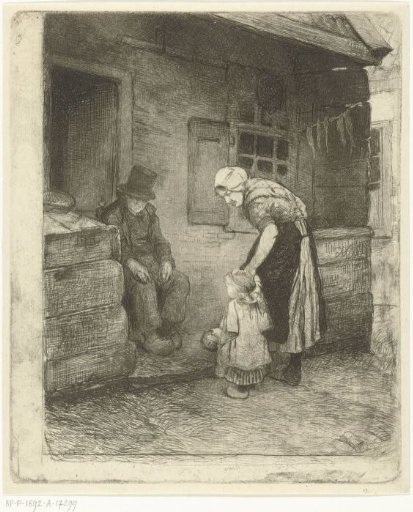 Woman with small child standing beside seated old man in front of workers' dwelling