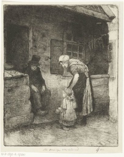 Woman with small child standing beside seated old man in front of workers' dwelling