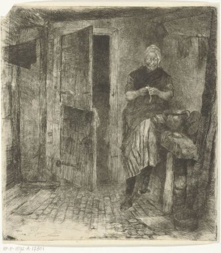 Seated woman peeling potatoes by an open door