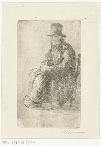 Seated man with hat and clogs