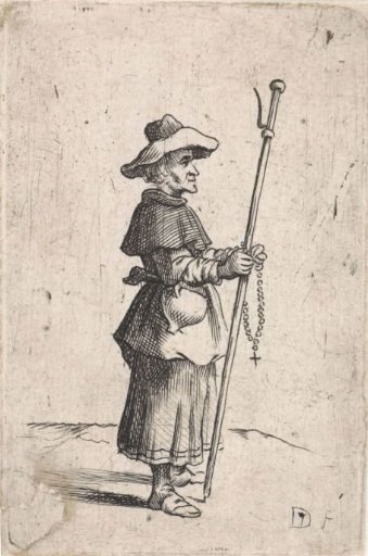 Pilgrim with Staff and Hat on His Head