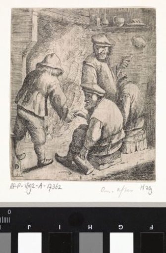 Four peasants by a fireplace