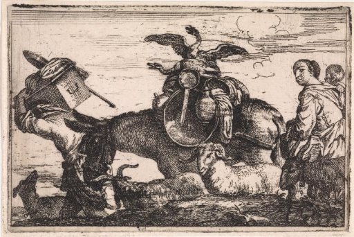 Donkey laden with two geese and household goods