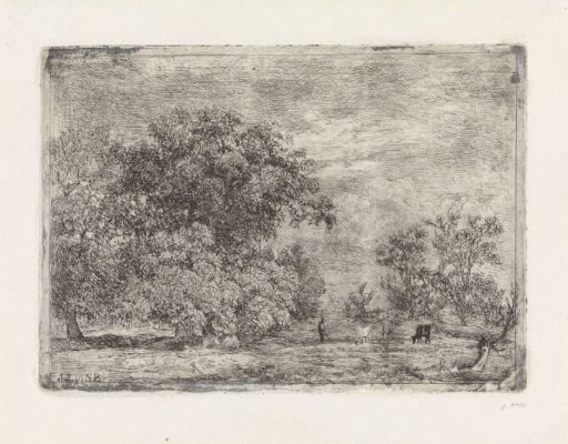 Landscape with trees and three grazing cows
