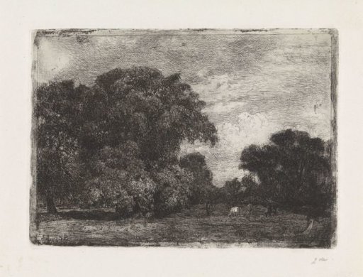 Landscape with trees and three grazing cows
